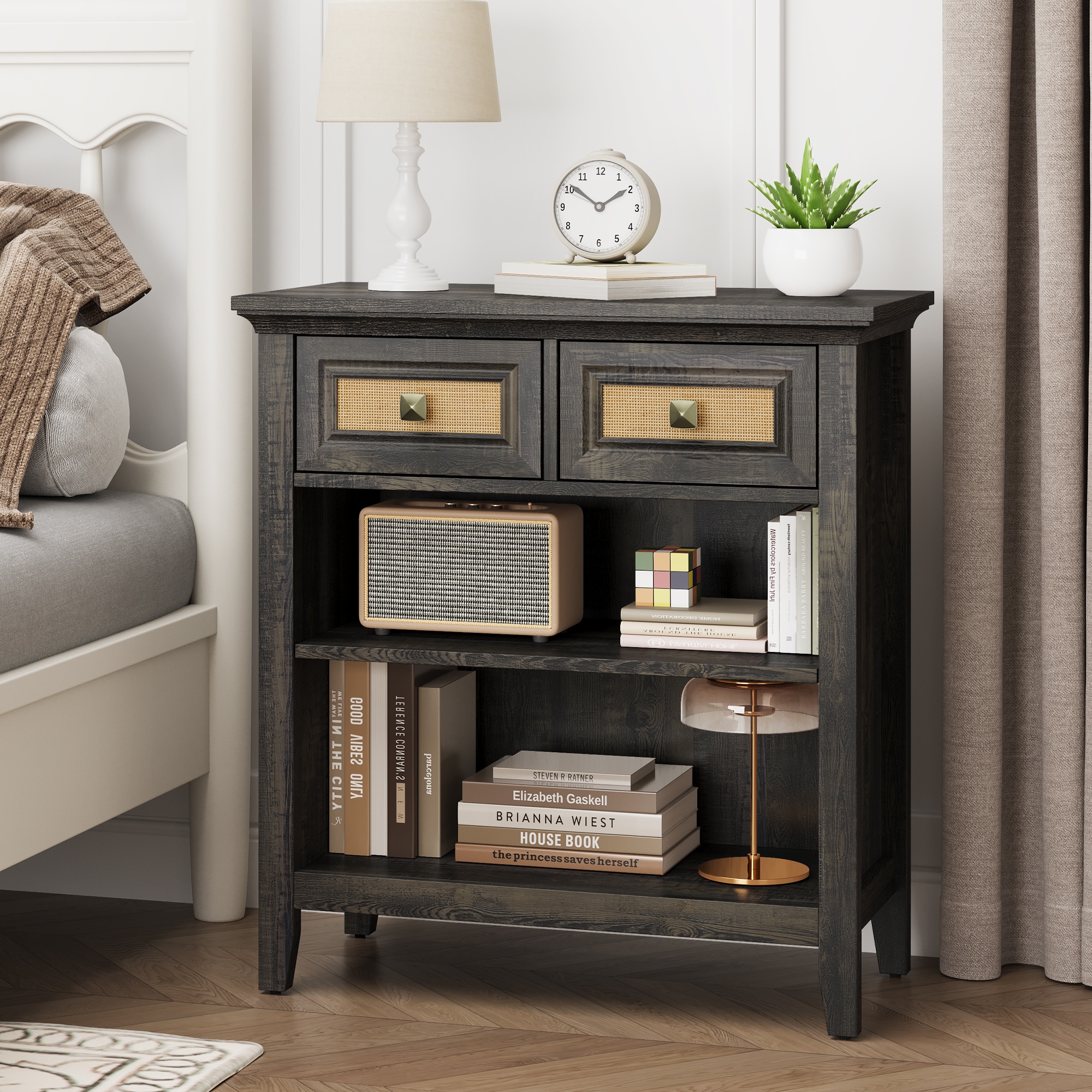 Rattan Storage Cabinets, Accent Boho Storage Cabinet With 2 Drawers And 2 Shelves, Multipurpose Modern Storage Cabinet For Living Room, Entryway, Front Hall, Hallway, Coffee_voghion.com